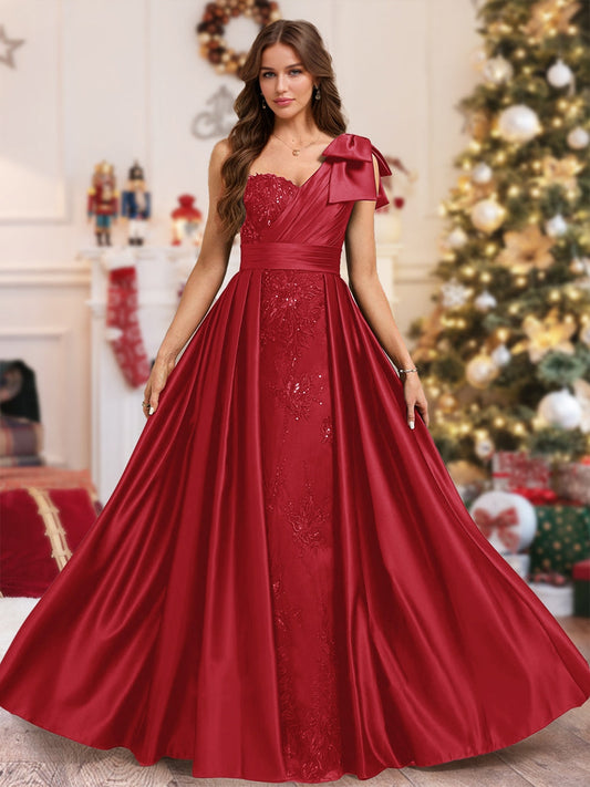 Sheath/Column One Shoulder Sleeveless Floor-Length Christmas Dresses with Sequins & Overskirt
