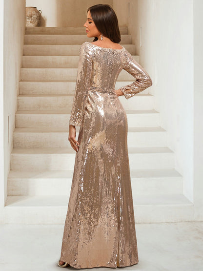 Sequin Sheath/Column Scoop Long Sleeves Floor-Length Evening Dresses with Beading