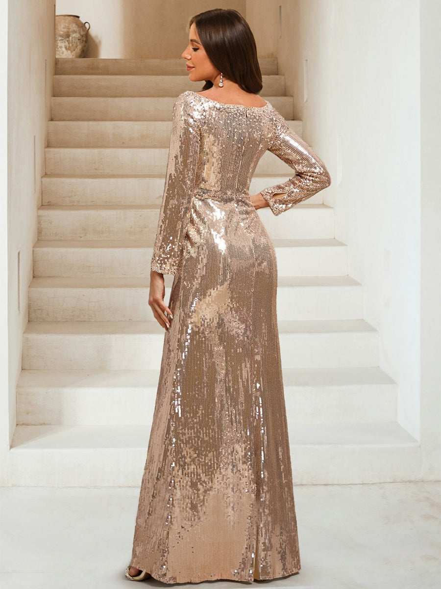 Sequin Sheath/Column Scoop Long Sleeves Floor-Length Evening Dresses with Beading