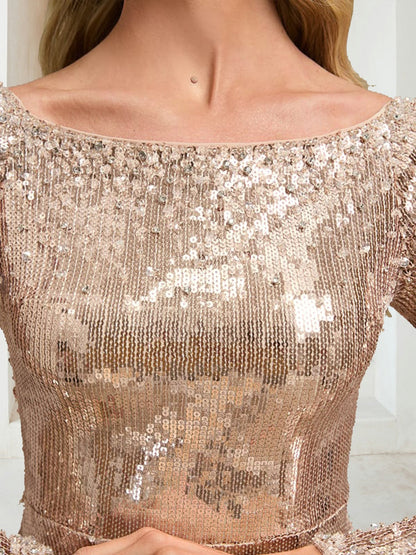 Sequin Sheath/Column Scoop Long Sleeves Floor-Length Evening Dresses with Beading