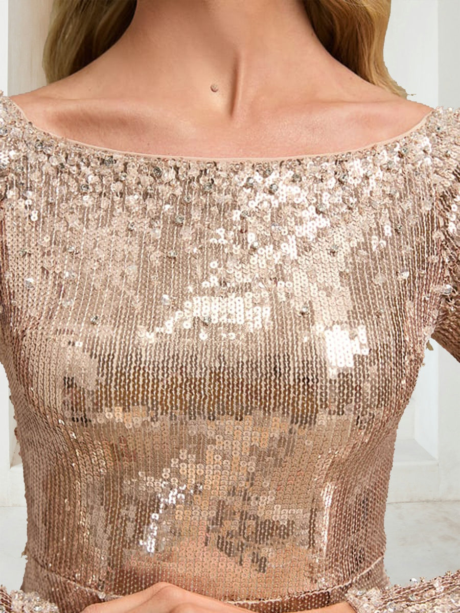 Sequin Sheath/Column Scoop Long Sleeves Floor-Length Evening Dresses with Beading