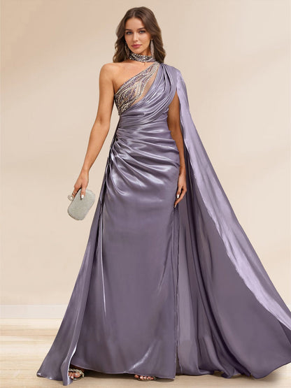 Sheath/Column Illusion One Shoulder Cape Sleeve Sweep train Evening Dresses with Beading & Overskirt