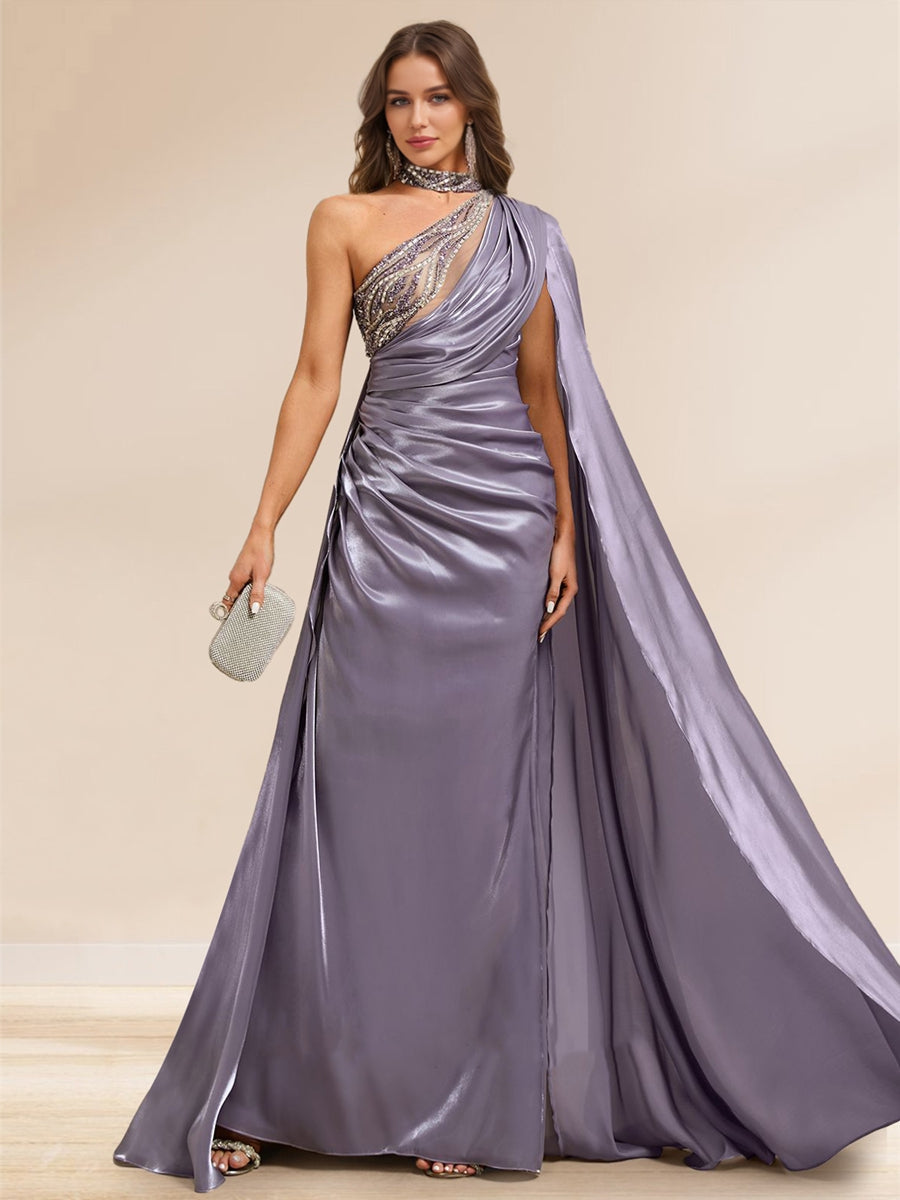 Sheath/Column Illusion One Shoulder Cape Sleeve Sweep train Evening Dresses with Beading & Overskirt