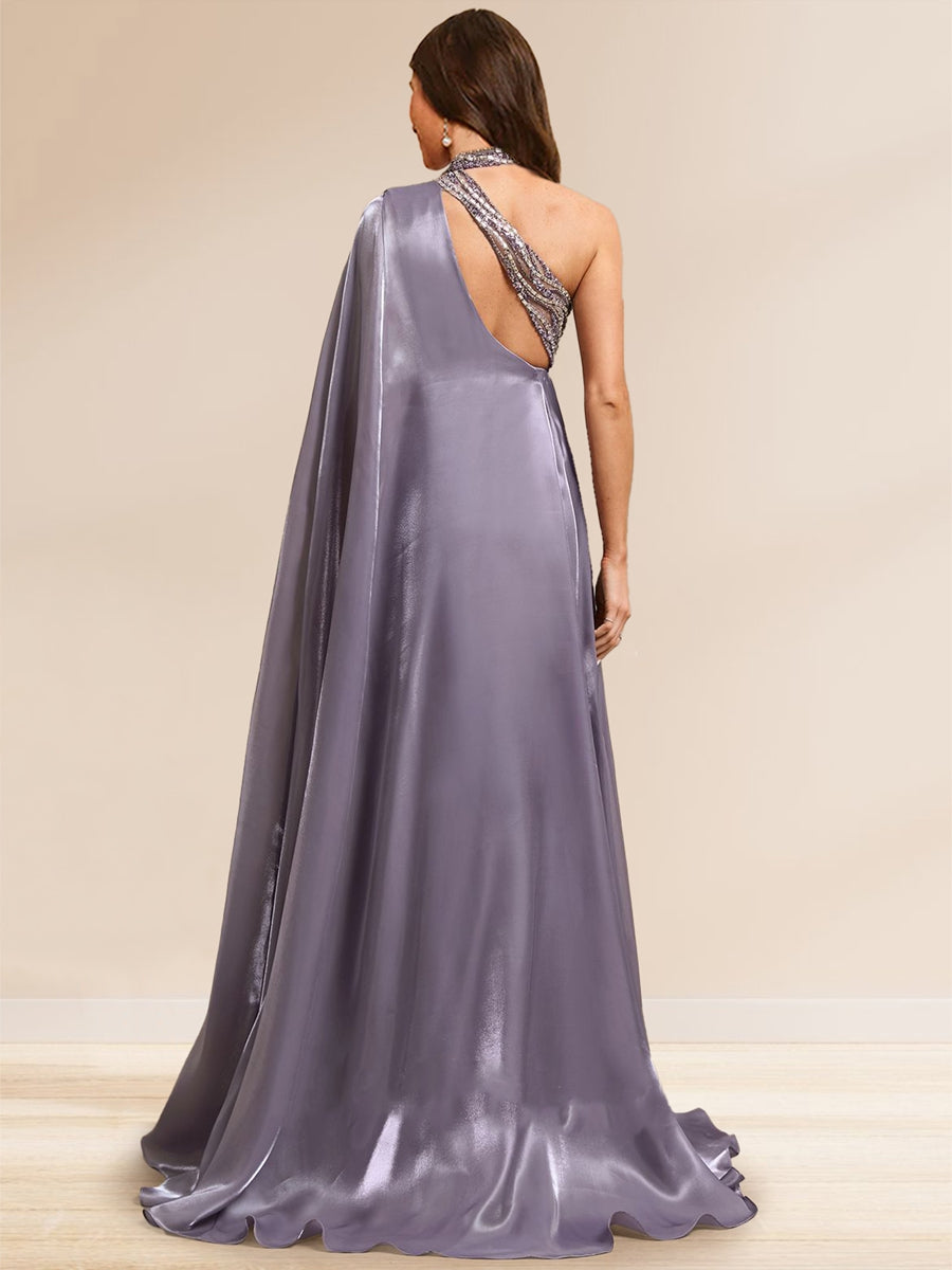 Sheath/Column Illusion One Shoulder Cape Sleeve Sweep train Evening Dresses with Beading & Overskirt