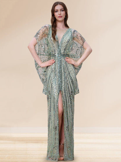 Sequin Sheath/Column V-Neck Cape Sleeves Floor-Length Evening Dresses with Split