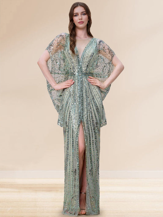 Sequin Sheath/Column V-Neck Cape Sleeves Floor-Length Evening Dresses with Split