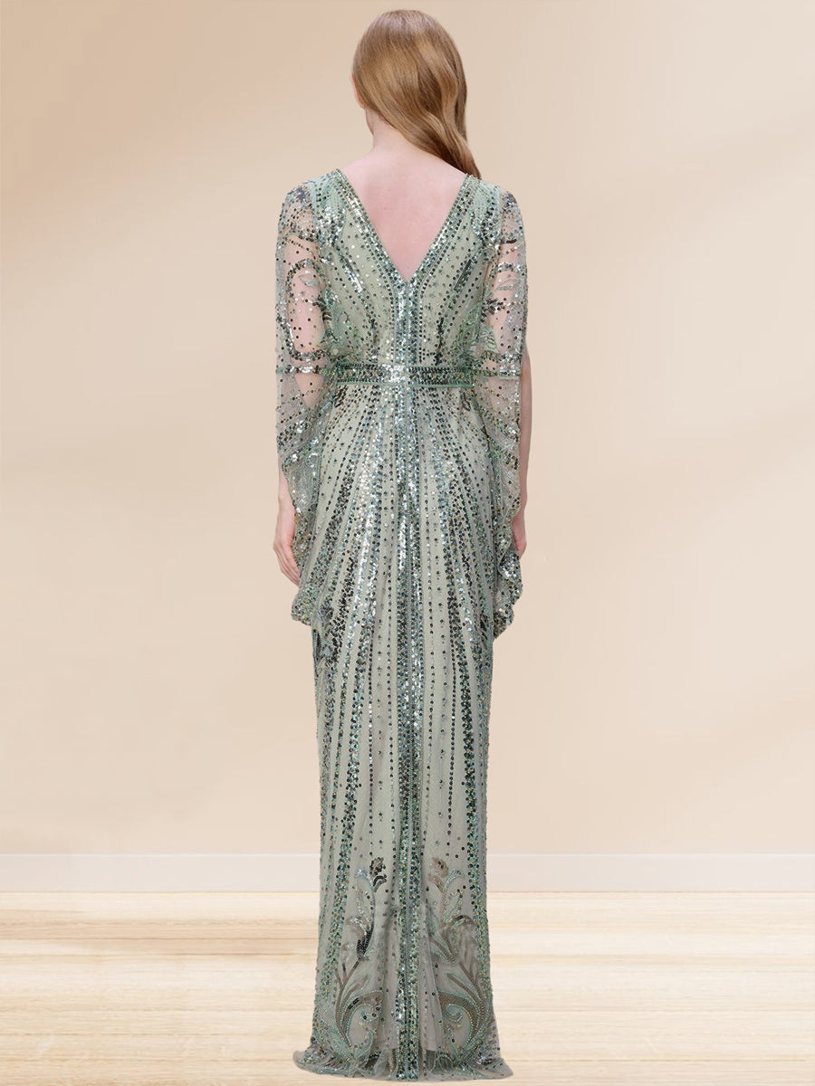 Sequin Sheath/Column V-Neck Cape Sleeves Floor-Length Evening Dresses with Split