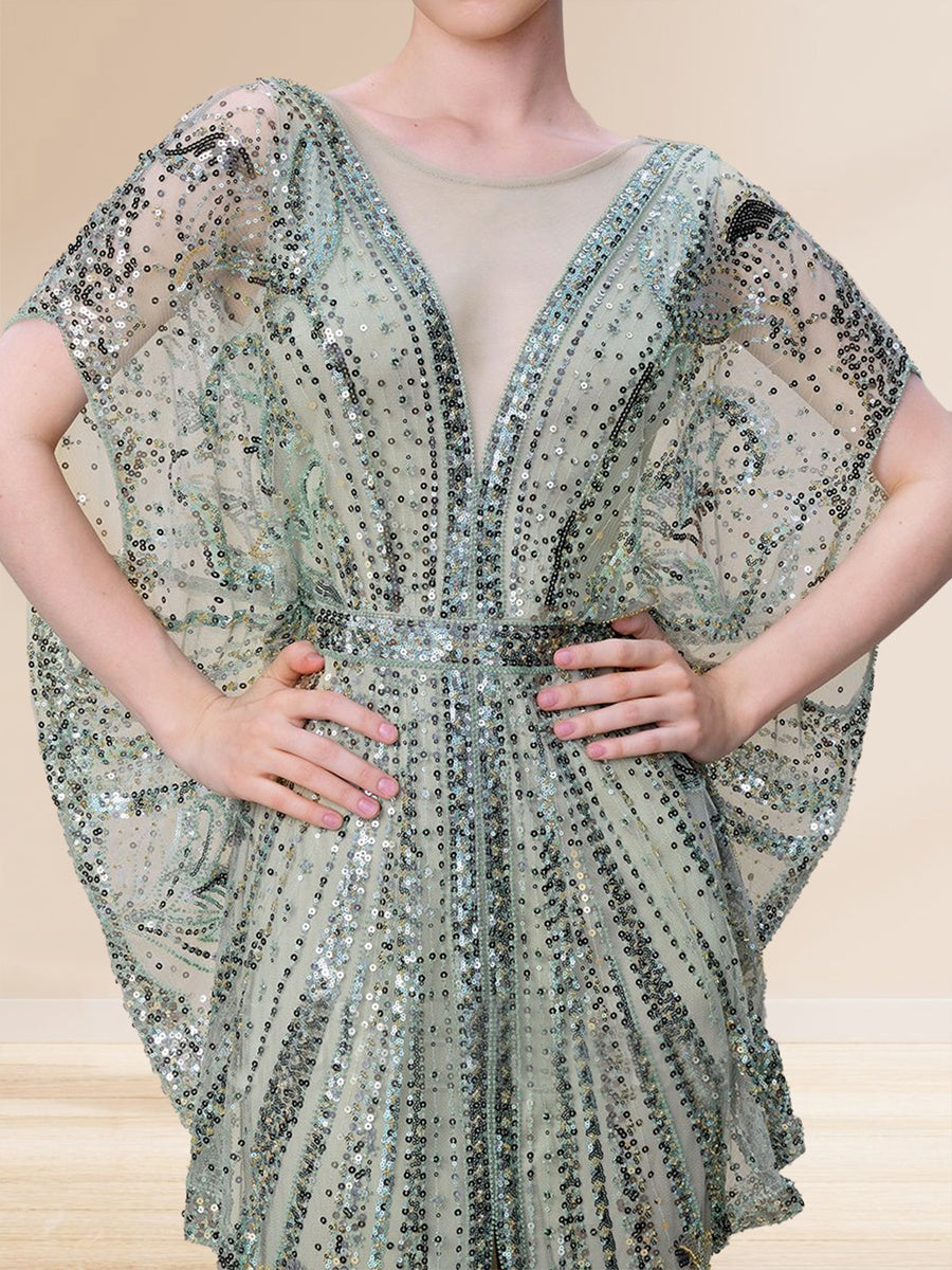 Sequin Sheath/Column V-Neck Cape Sleeves Floor-Length Evening Dresses with Split