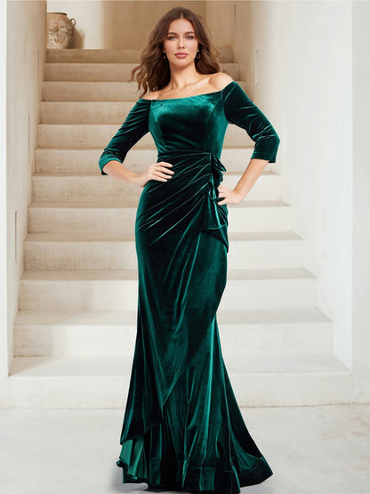 Velvet Trumpet/Mermaid Off-the-Shoulder 3/4 Sleeves Floor-Length Evening Dresses with Ruffles