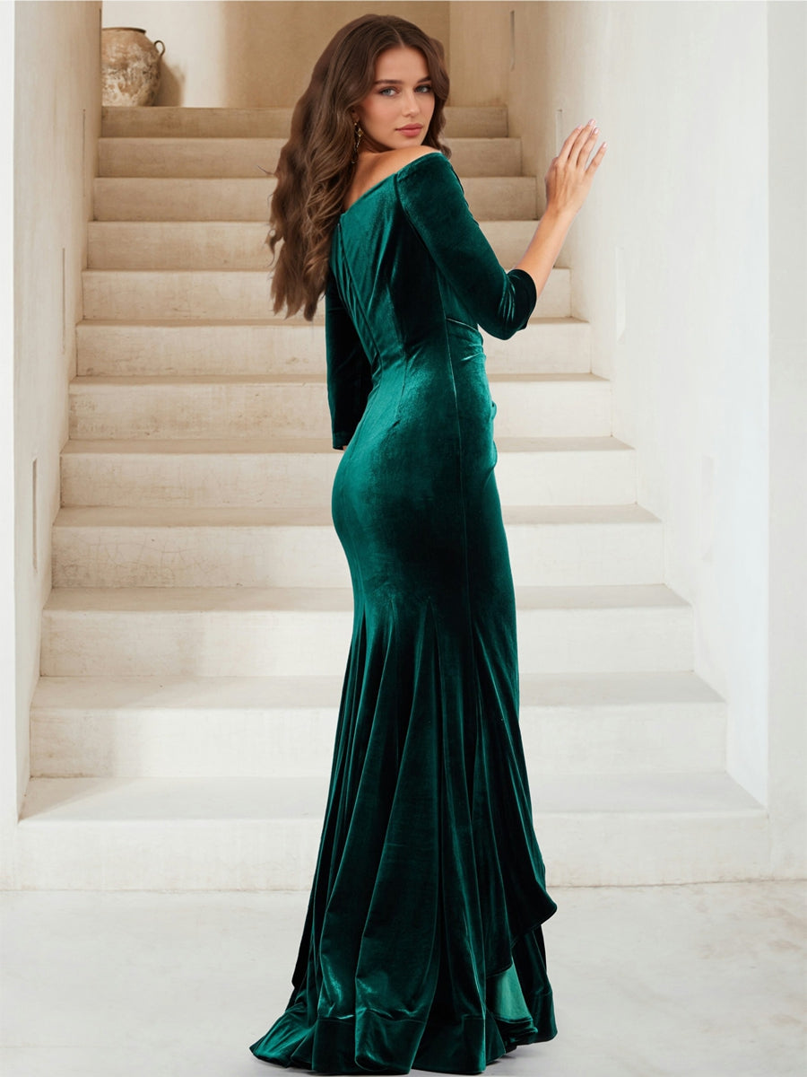 Velvet Trumpet/Mermaid Off-the-Shoulder 3/4 Sleeves Floor-Length Evening Dresses with Ruffles