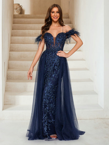 Sheath/Column Off-the-Shoulder Spaghetti Straps Maxi Tulle Evening Dresses with Feathers & Appliques