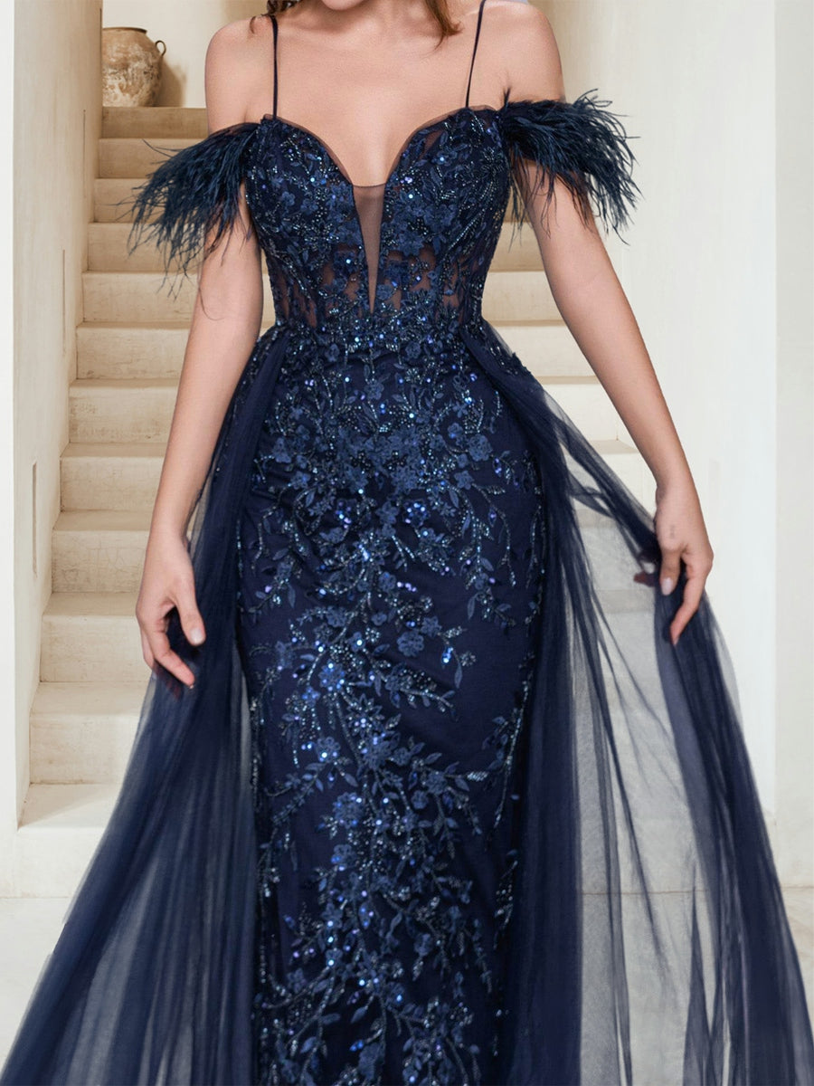Sheath/Column Off-the-Shoulder Spaghetti Straps Maxi Tulle Evening Dresses with Feathers & Appliques