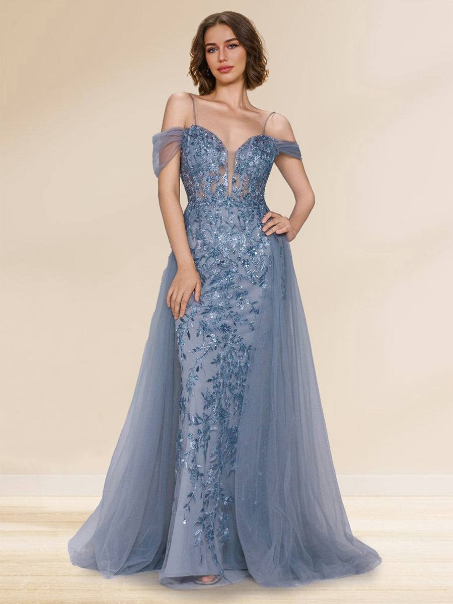 Sheath/Column Off-the-Shoulder Spaghetti Straps Maxi Tulle Evening Dresses with Sequin Appliques