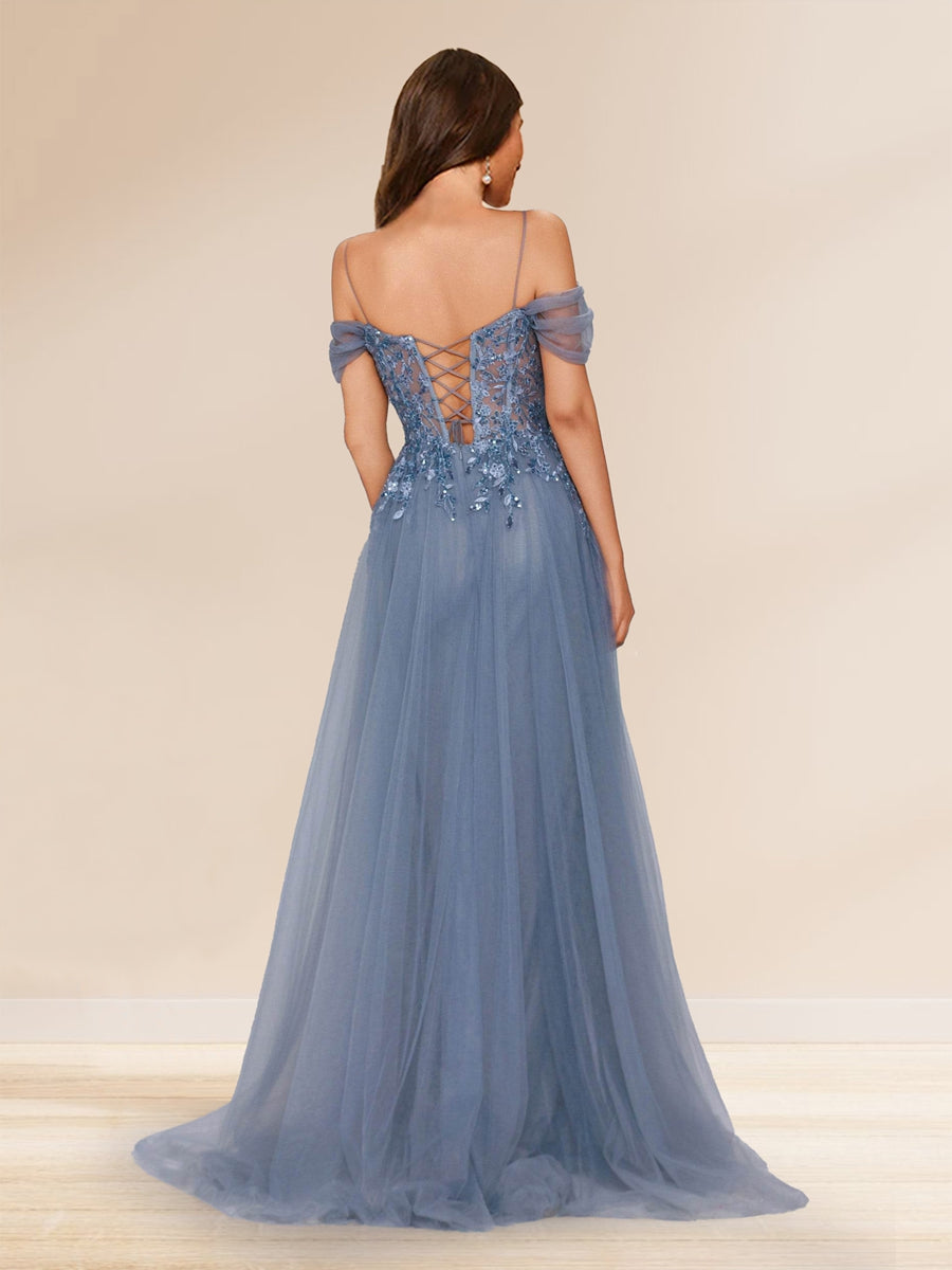Sheath/Column Off-the-Shoulder Spaghetti Straps Maxi Tulle Evening Dresses with Sequin Appliques