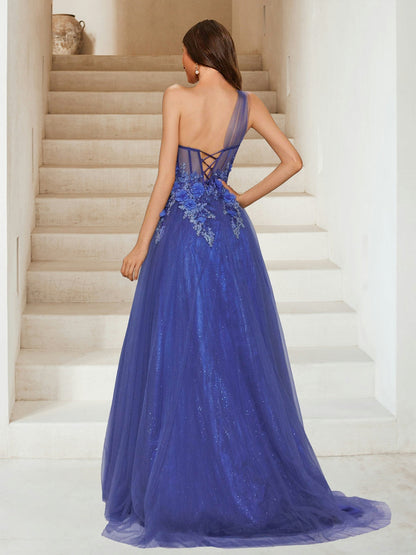 Maxi Tulle A-Line One-Shoulder Evening Dresses with Sequin Appliques & 3D Flower