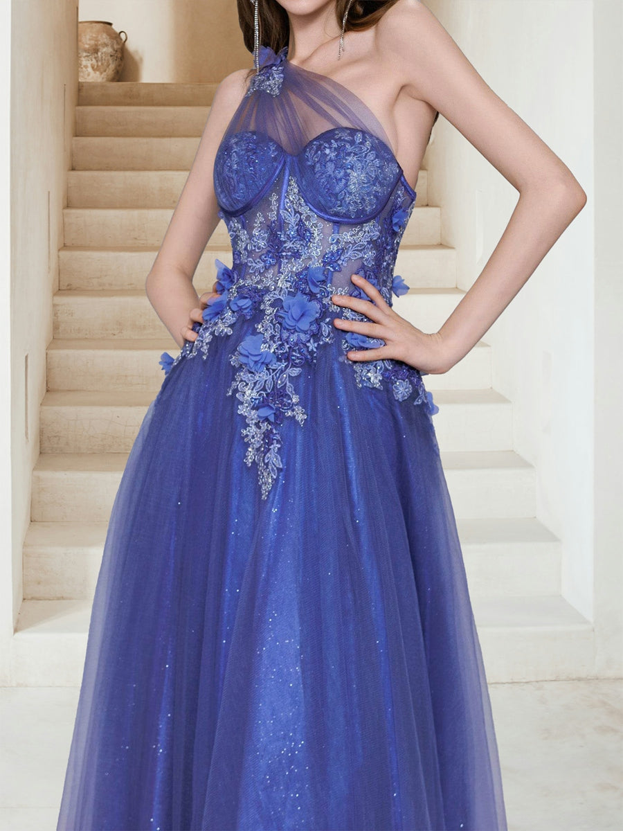 Maxi Tulle A-Line One-Shoulder Evening Dresses with Sequin Appliques & 3D Flower