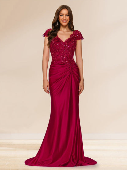 Sheath/Column V-Neck Sweep Brush Train Ruched Evening Dresses with Sequin Appliques