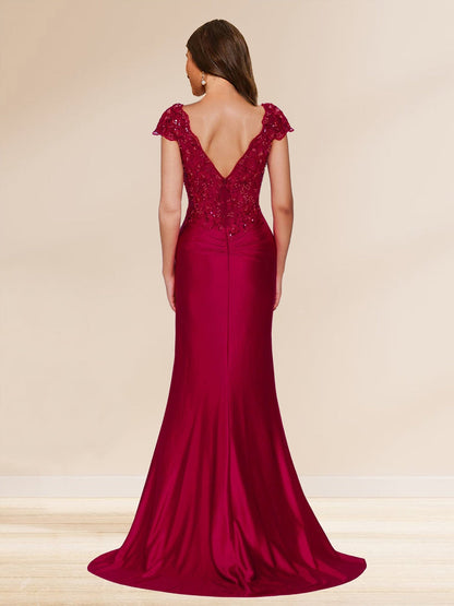 Sheath/Column V-Neck Sweep Brush Train Ruched Evening Dresses with Sequin Appliques