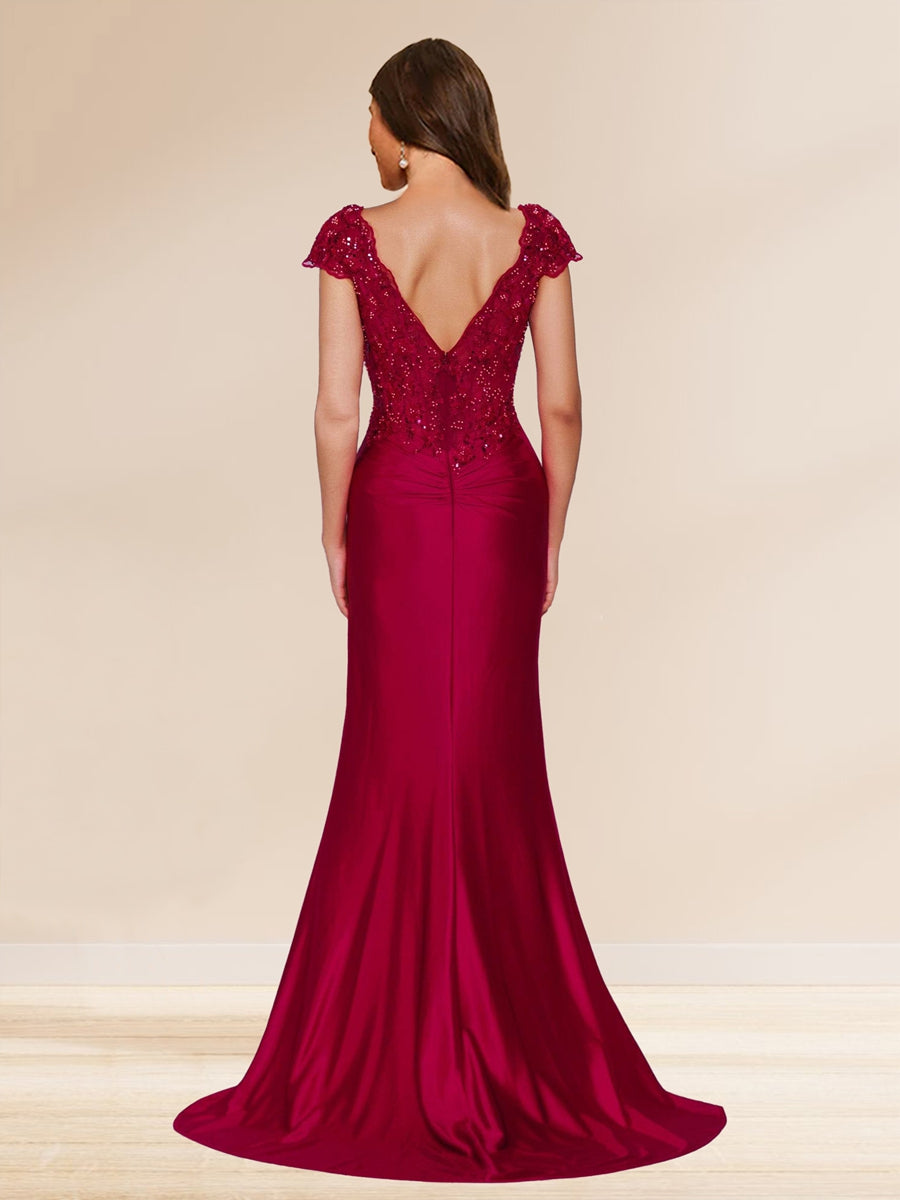 Sheath/Column V-Neck Sweep Brush Train Ruched Evening Dresses with Sequin Appliques