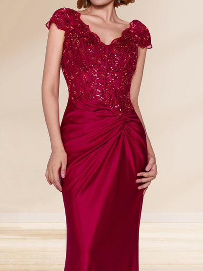 Sheath/Column V-Neck Sweep Brush Train Ruched Evening Dresses with Sequin Appliques