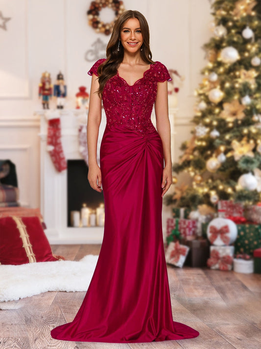 Sheath/Column V-Neck Sweep Brush Train Ruched Christmas Dresses with Sequin Appliques