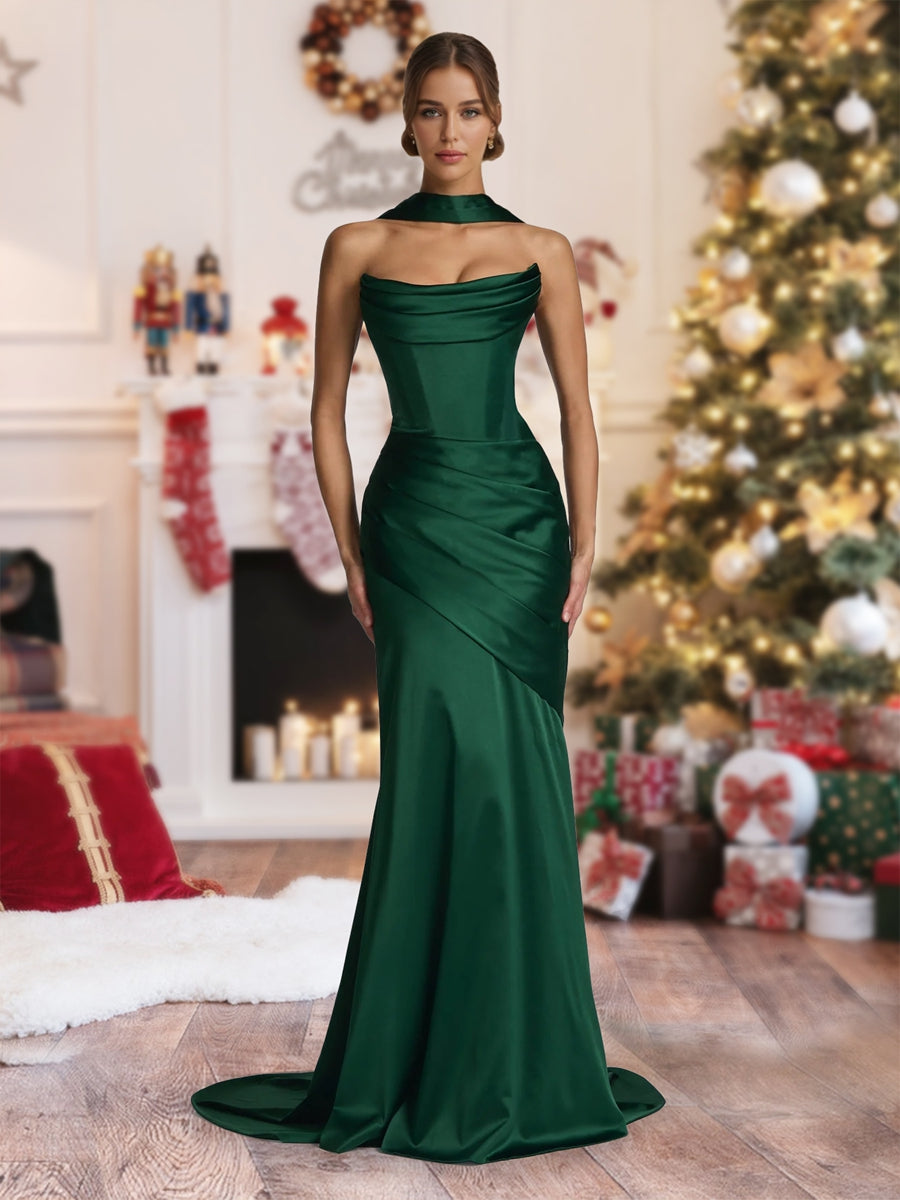Sheath/Column Strapless Sleeveless Sweep train Ruched Christmas Dresses With Shawl