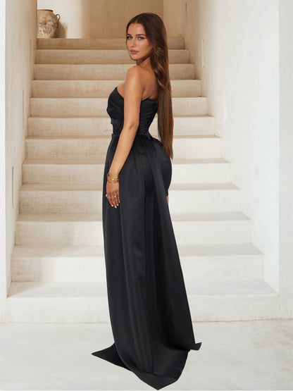 Sheath/Column Sleeveless Mini One Shoulder Satin Ruched Semi Formal Dresses with Side Train