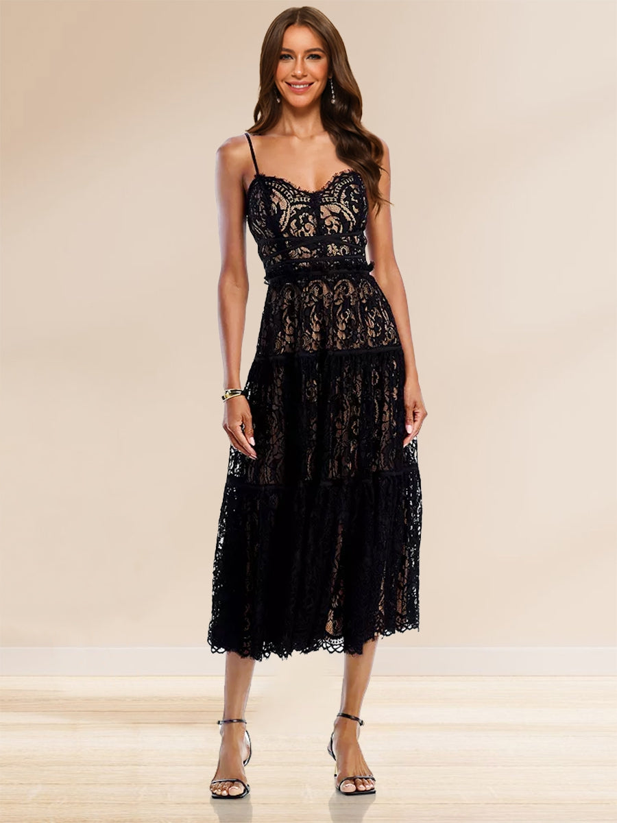 A-Line/Princess Spaghetti Straps Lace Tea-Length Semi Formal Dresses