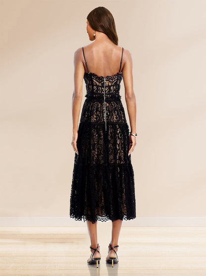 A-Line/Princess Spaghetti Straps Lace Tea-Length Semi Formal Dresses