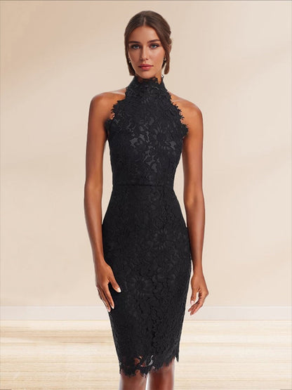 Sheath/Cloumn High Neck Lace Midi Semi Formal Dresses with Back Slit