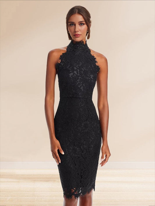 Sheath/Cloumn High Neck Lace Midi Semi Formal Dresses with Back Slit