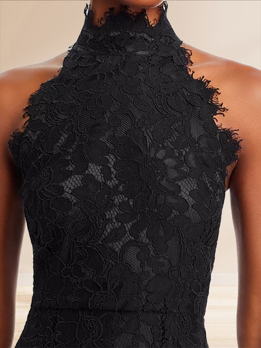 Sheath/Cloumn High Neck Lace Midi Semi Formal Dresses with Back Slit