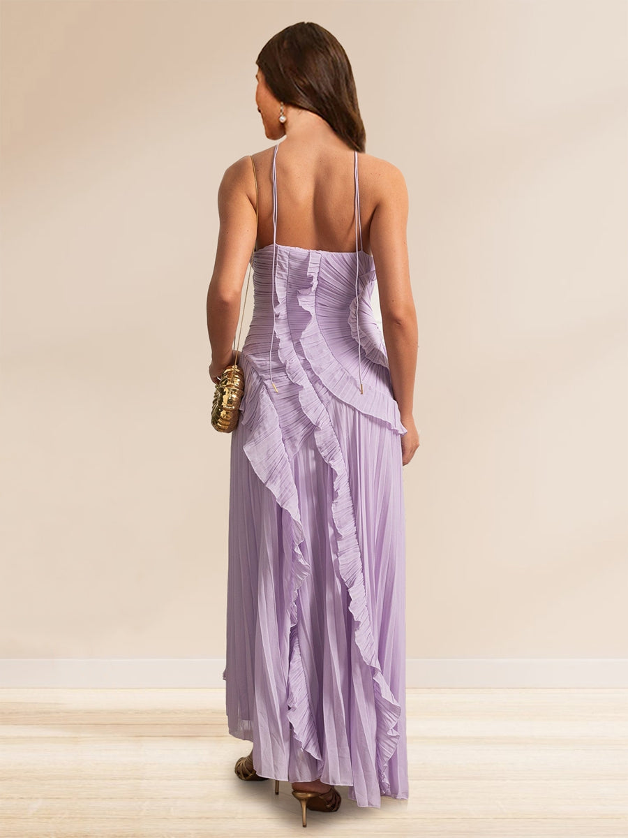 Sheath/Cloumn Halter Neck Sleeveless Ankle Length Pleated Wedding Guest Dresses with Ruffles