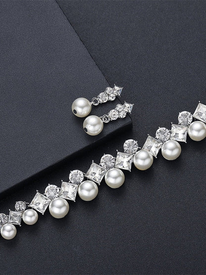 Women's Rhinestone Earrings Necklace Jewelry Set with Pearls