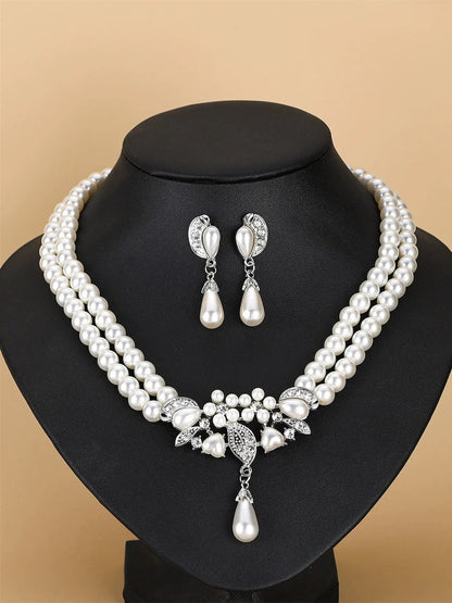 Elegant Women's White Pearl Earrings Necklace Set