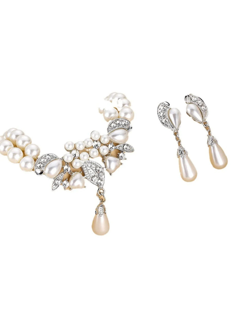Elegant Women's White Pearl Earrings Necklace Set