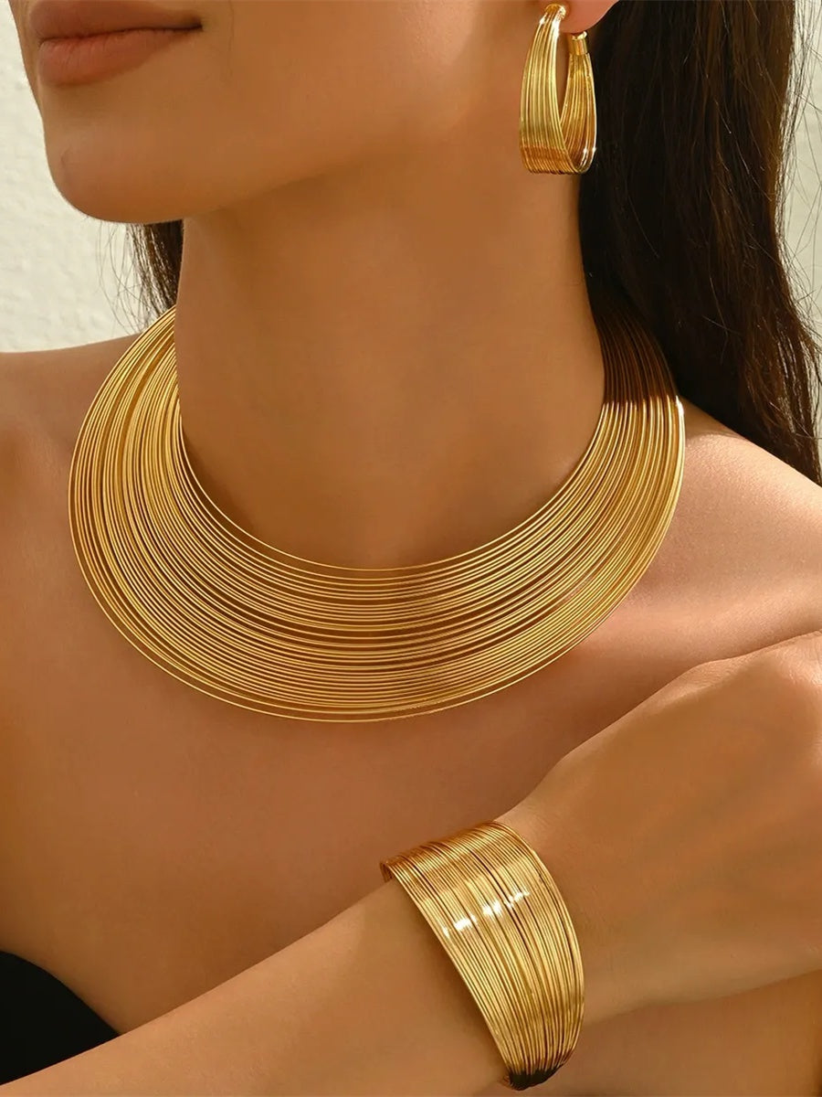 Gold Sparkling Geometric Line Minimalist Necklace Earrings Jewelry Set