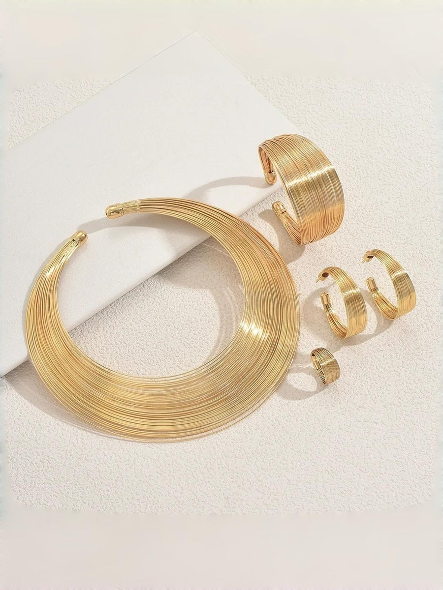 Gold Sparkling Geometric Line Minimalist Necklace Earrings Jewelry Set