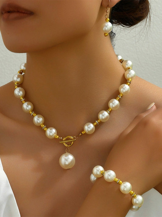 Women's High-End Necklace Earrings Bracelet Jewelry Set with Pearls