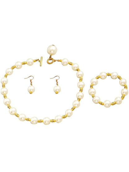 Women's High-End Necklace Earrings Bracelet Jewelry Set with Pearls