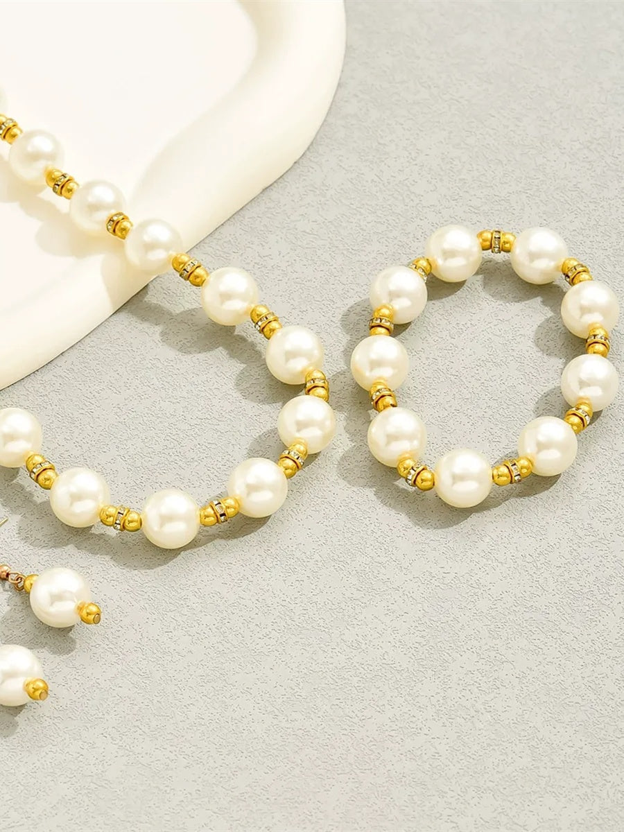 Women's High-End Necklace Earrings Bracelet Jewelry Set with Pearls