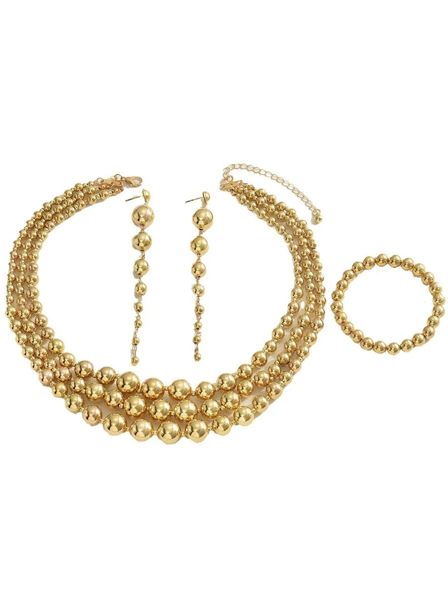 Women's Retro Tiered Beaded Necklace Earrings Bracelet Jewelry Set