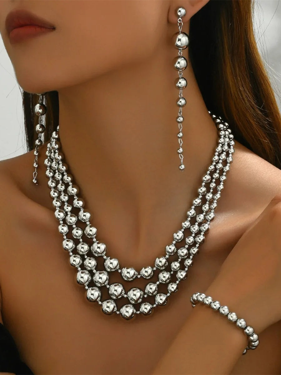 Women's Retro Tiered Beaded Necklace Earrings Bracelet Jewelry Set