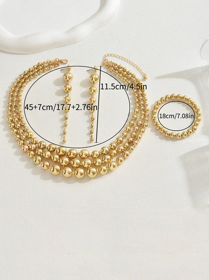 Women's Retro Tiered Beaded Necklace Earrings Bracelet Jewelry Set