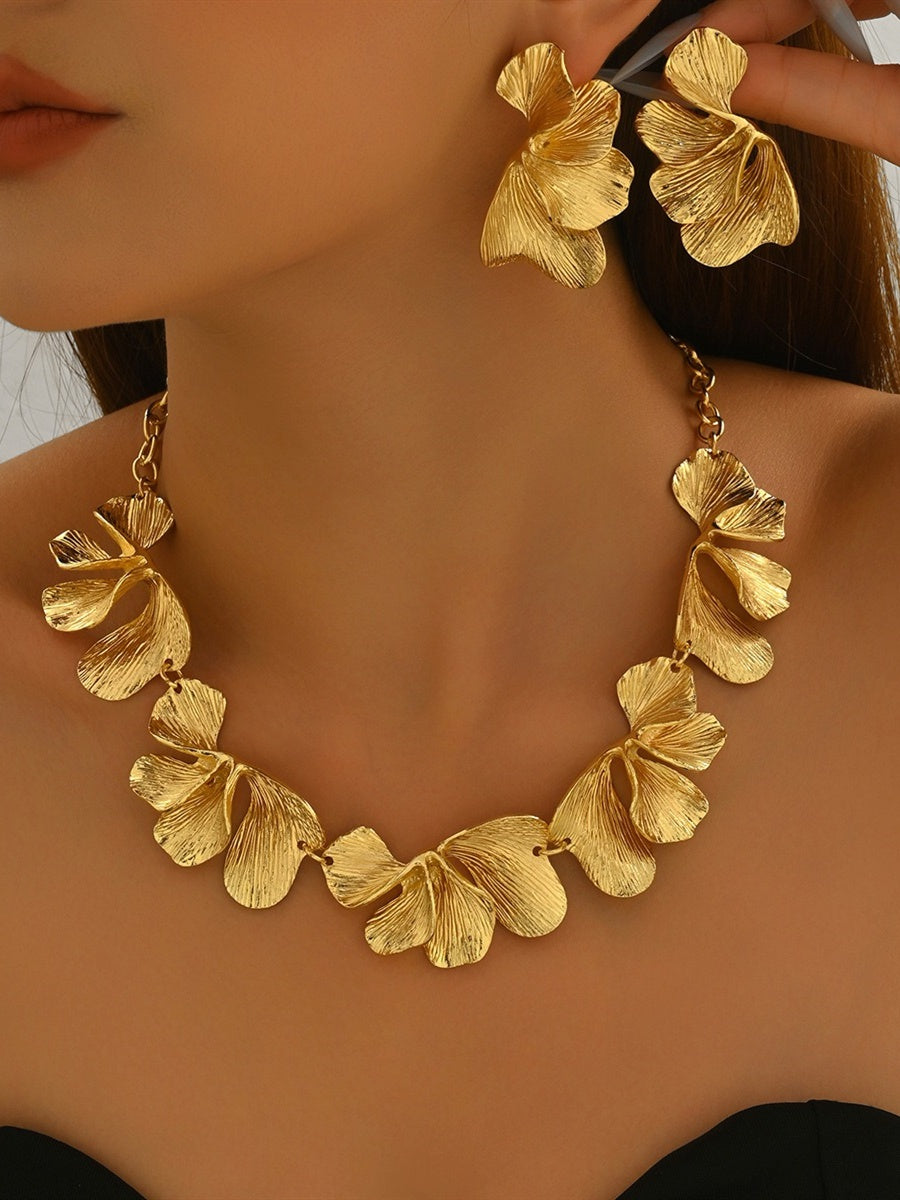 Women's Ginkgo Leaf Necklace Earrings Jewelry Set with Ruffles