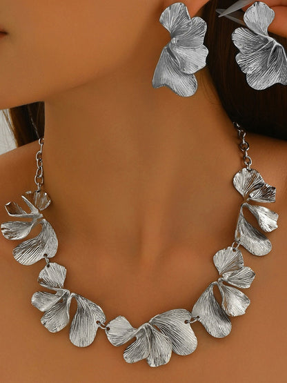 Women's Ginkgo Leaf Necklace Earrings Jewelry Set with Ruffles
