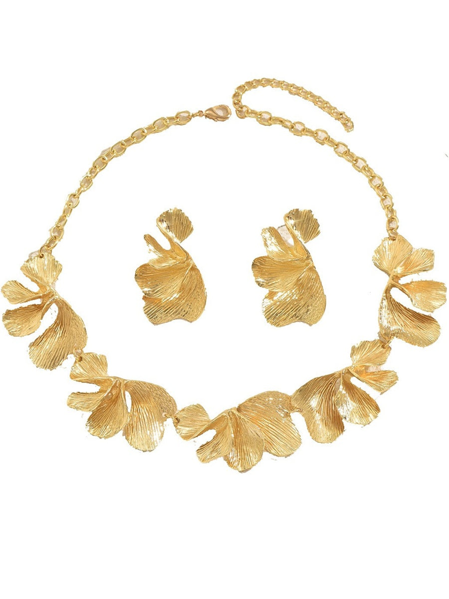 Women's Ginkgo Leaf Necklace Earrings Jewelry Set with Ruffles