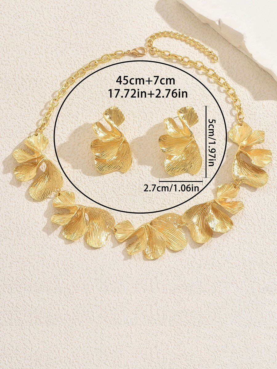 Women's Ginkgo Leaf Necklace Earrings Jewelry Set with Ruffles