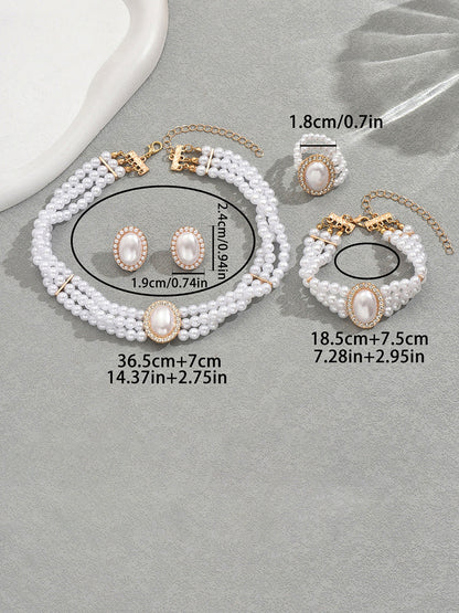 White Women's Alloy Jewelry Set with Pearls & Crystals