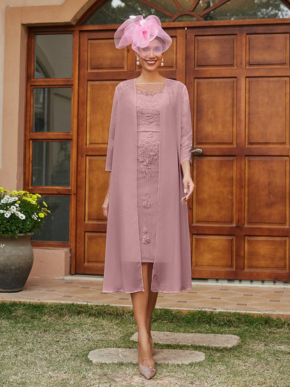 Sheath/Column Sheer Neck 3/4 Sleeves Knee-Length Evening Dresses with Appliques & Jacket